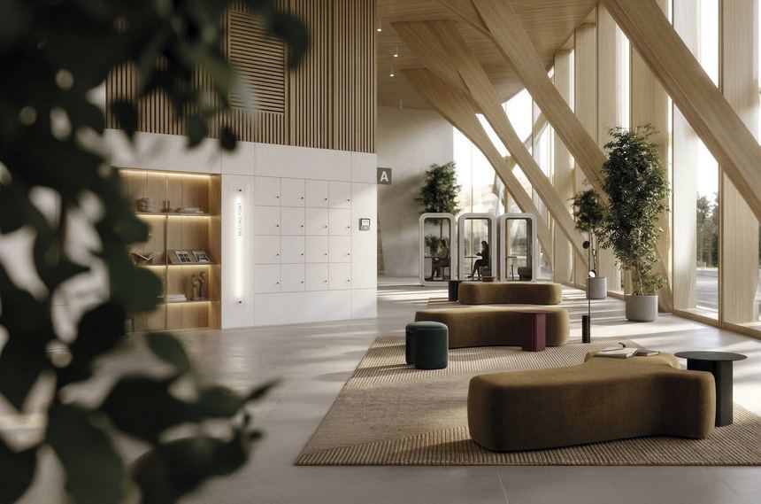 Lobby i tre og lyse flater med integrert skapvegg