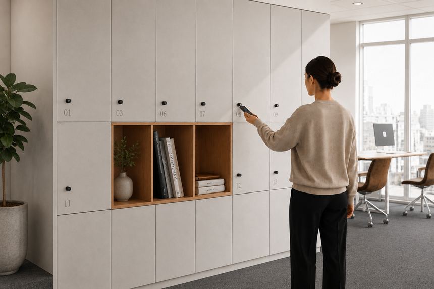 Ansatt åpner skap med mobiltelefon i kontorgarderobe